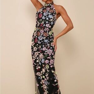 Infinite Praise Black 3D Floral Embroidered Halter Maxi Dress